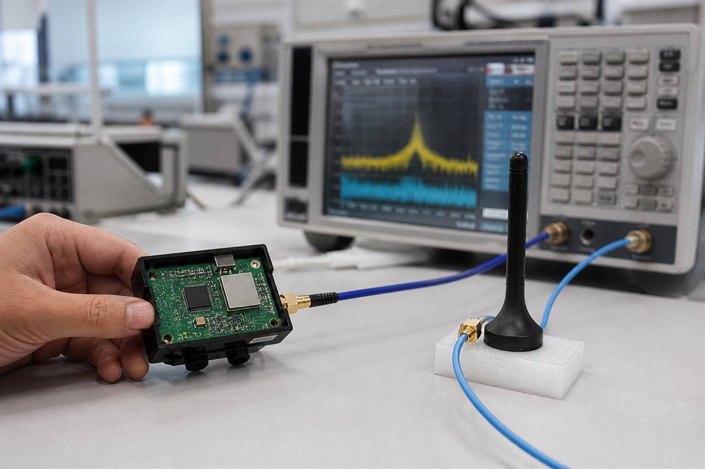 Wireless device under RF test setup with spectrum analyzer in lab